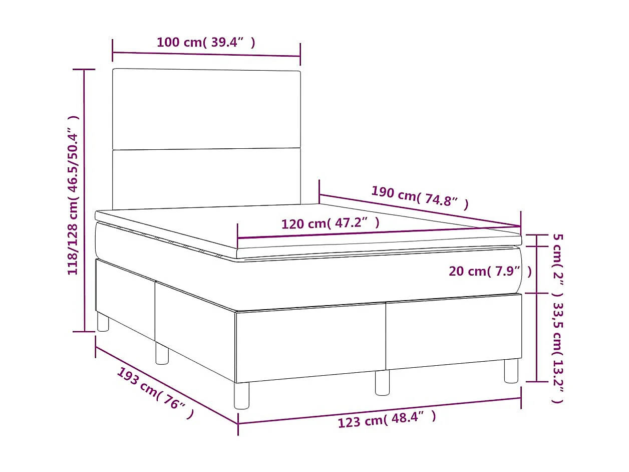 Sommier à lattes de lit matelas et LED crème 120x190 cm tissu