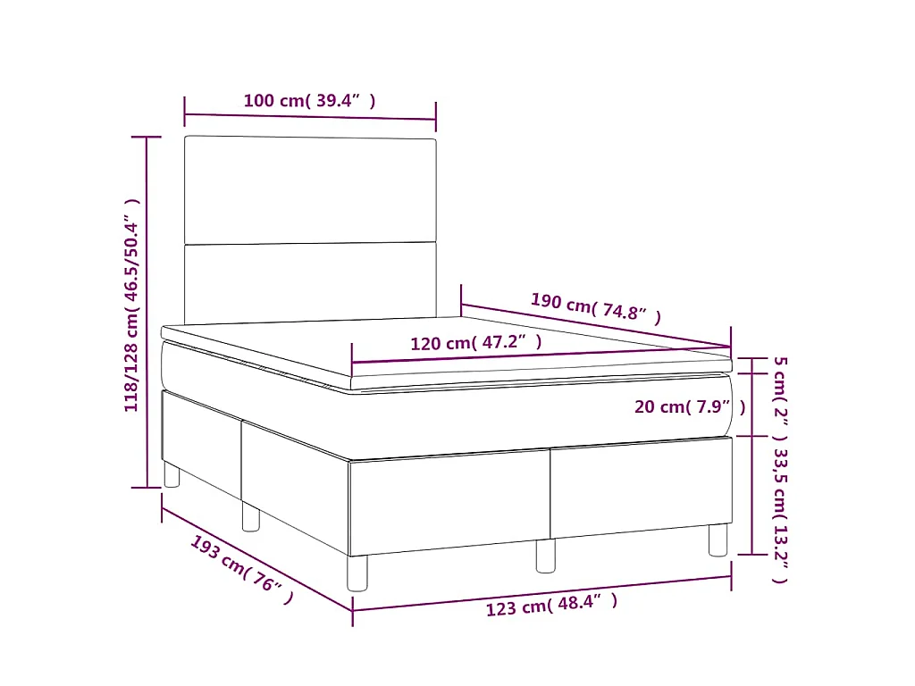 Sommier à lattes de lit matelas et LED crème 120x190 cm tissu