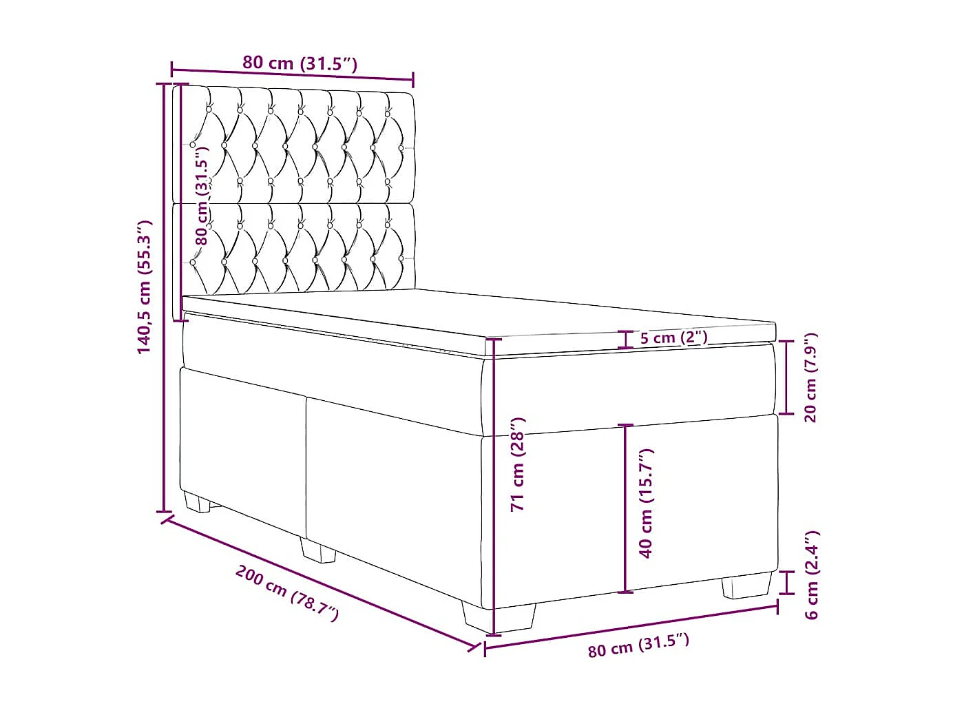 Cama box spring con colchón terciopelo gris claro 80x200 cm