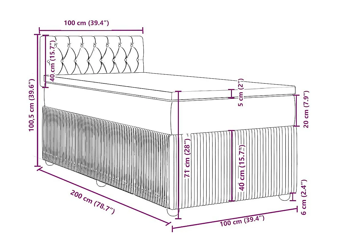 Cama box spring con colchón terciopelo azul 100x200 cm