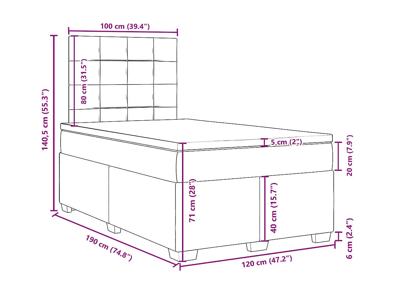 Cama box spring con colchón tela negro 120x190 cm