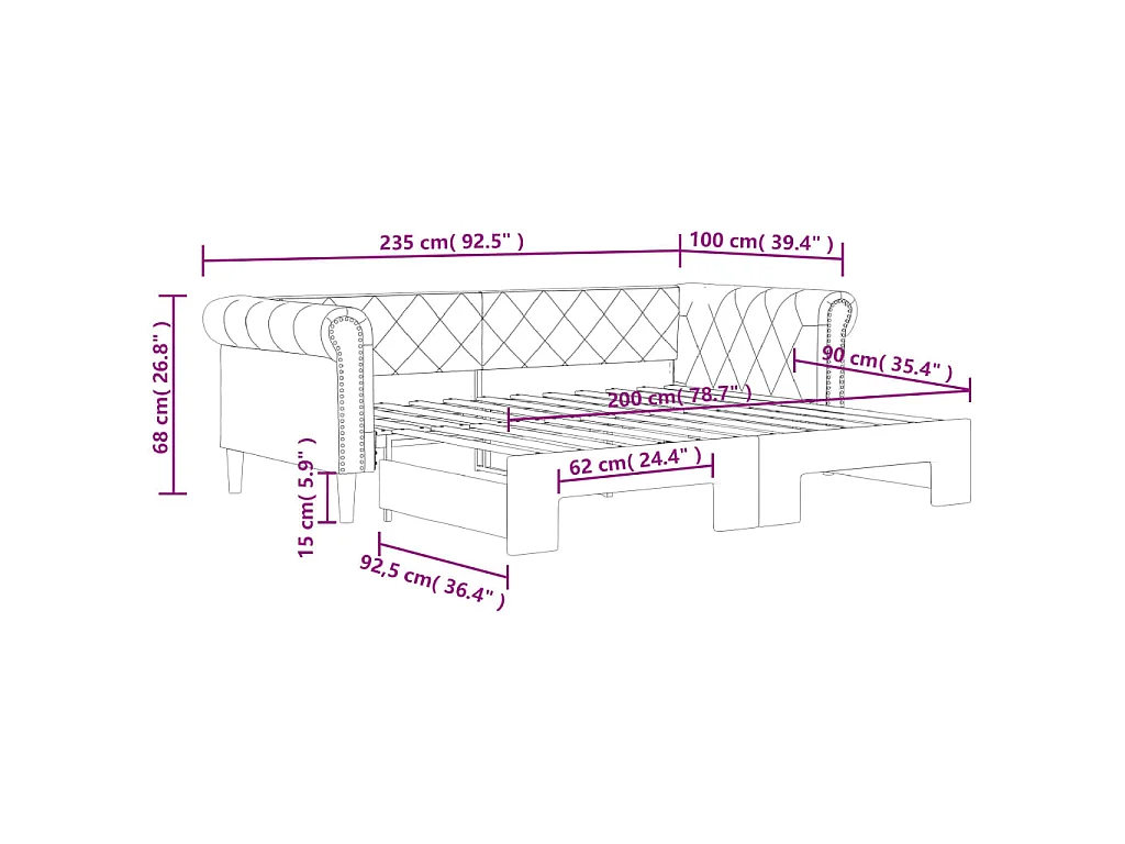 Lit de jour avec gigogne sans matelas blanc 90x200 cm