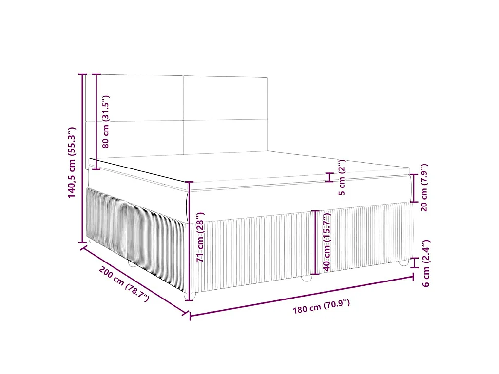 Cama box spring con colchón terciopelo gris claro 180x200 cm