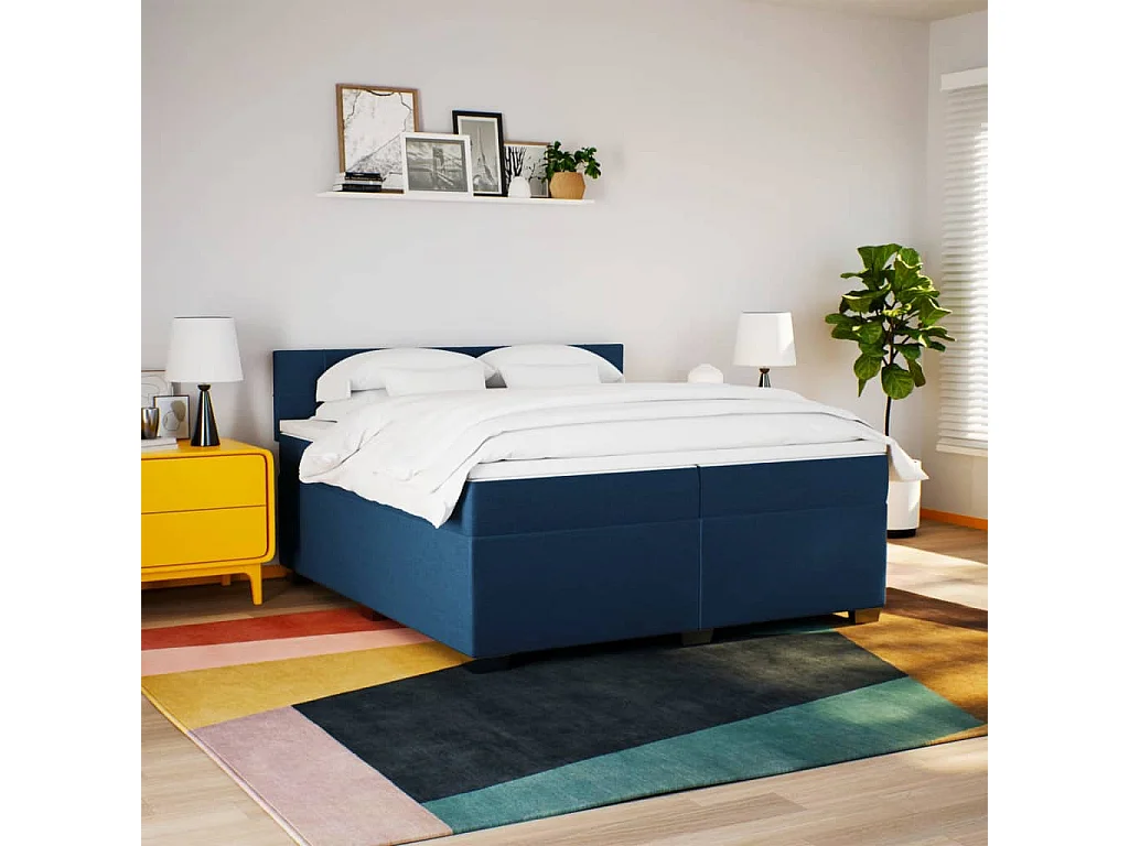 Cama box spring con colchón tela azul 200x200 cm