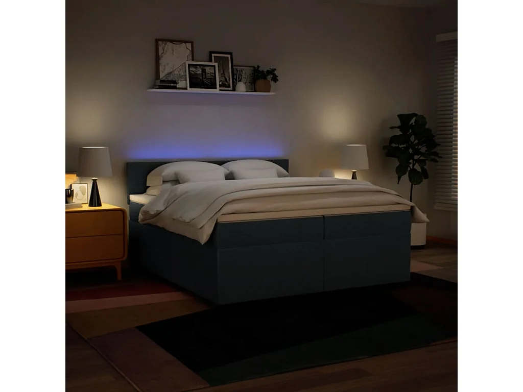 Cama box spring con colchón tela azul 200x200 cm