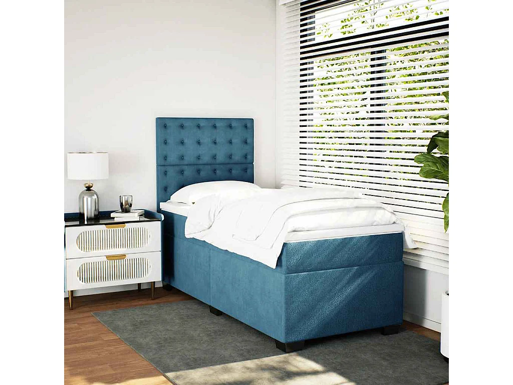 Cama box spring con colchón terciopelo azul 100x200 cm