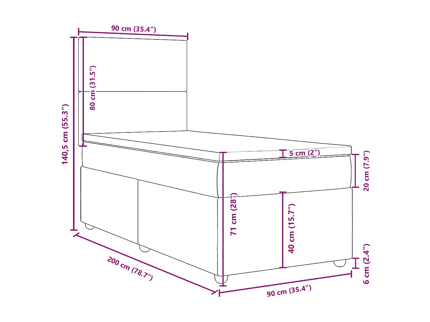 Cama box spring con colchón tela gris claro 90x200 cm