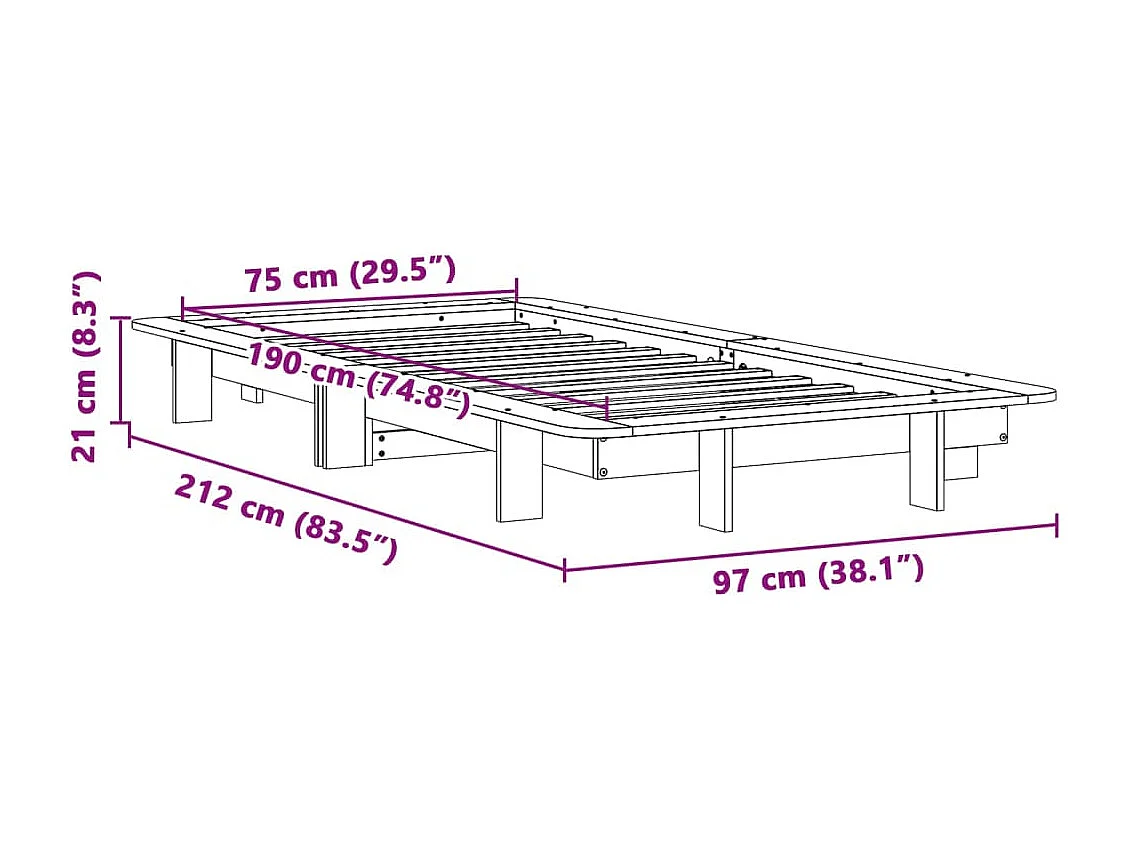 Cadre de lit sans matelas blanc 75x190 cm bois de pin massif
