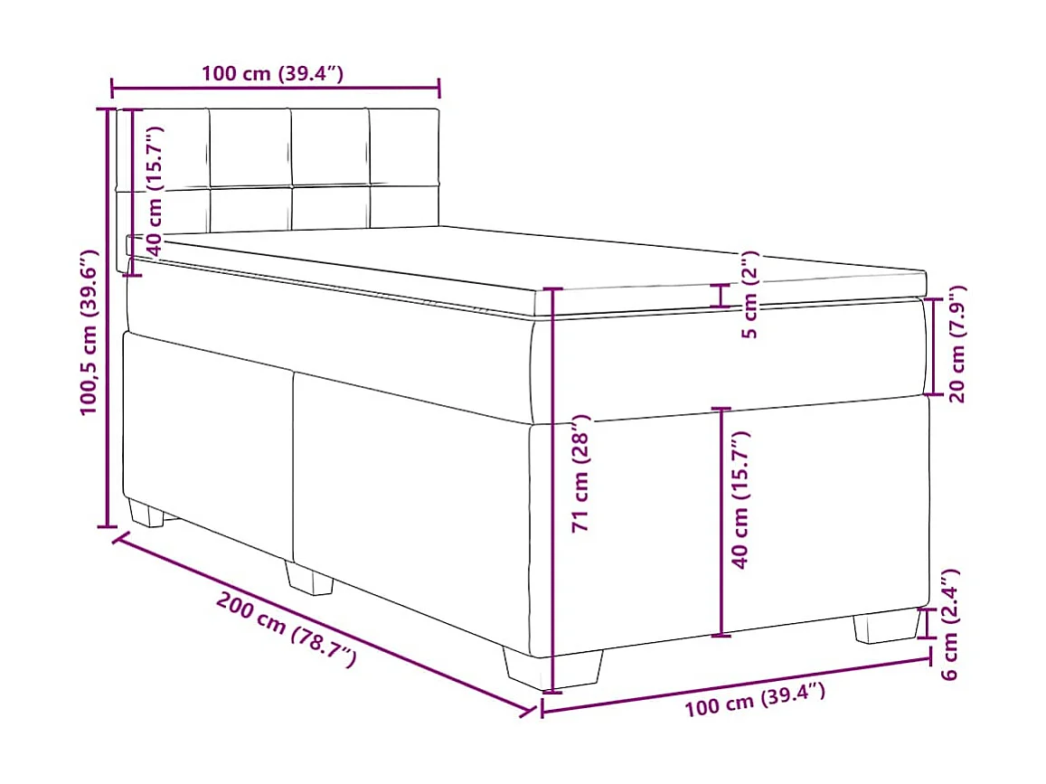Cama box spring con colchón terciopelo verde oscuro 100x200 cm