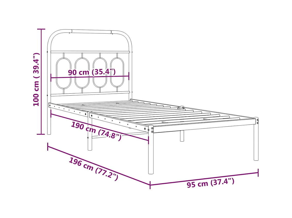 Bedframe met hoofdbord metaal zwart 90x190 cm
