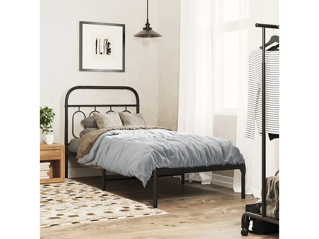 Cadre de lit métal sans matelas avec tête de lit noir 90x190 cm
