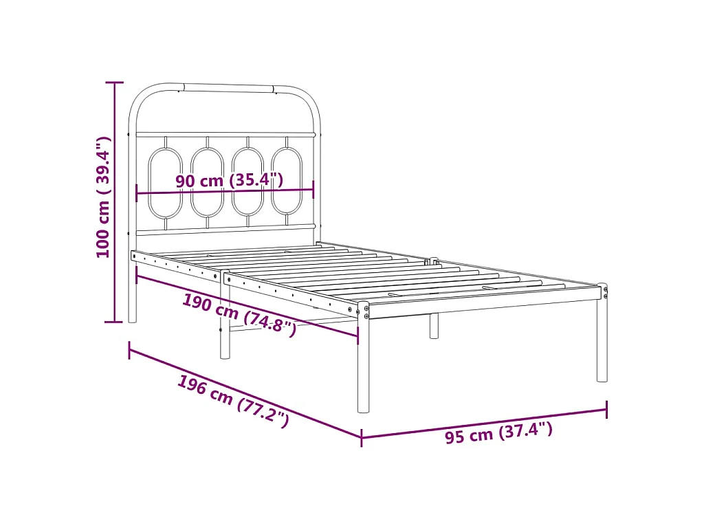 Cadre de lit métal sans matelas avec tête de lit noir 90x190 cm