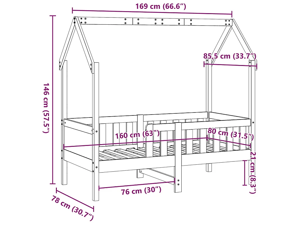 Giroletto Casetta Bambini Bianco 80x160 cm Legno Massello Pino