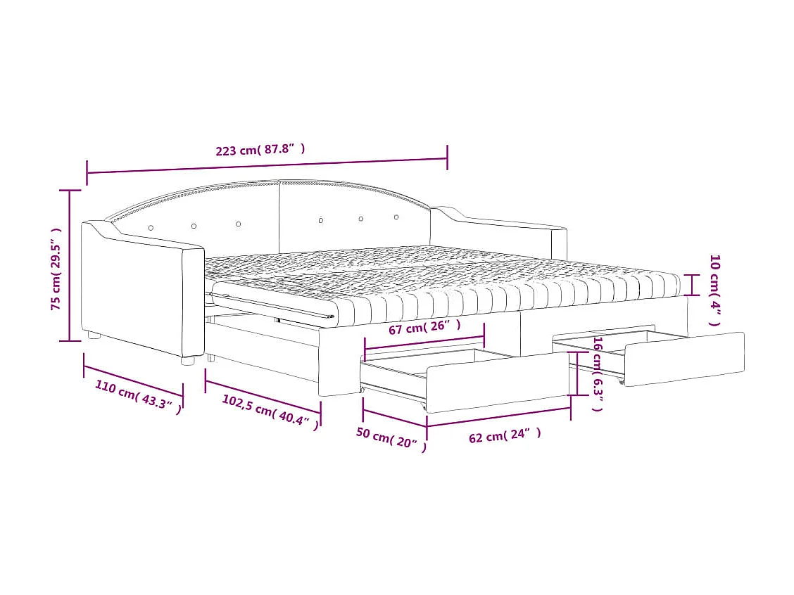 Sofá-cama c/ gavetão/gavetas 100x200cm tecido cinza-acastanhado