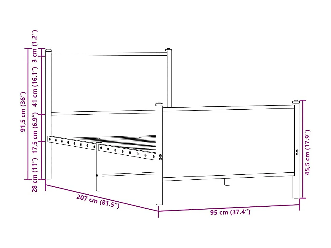 Estructura de cama sin colchón metal roble ahumado 90x200 cm