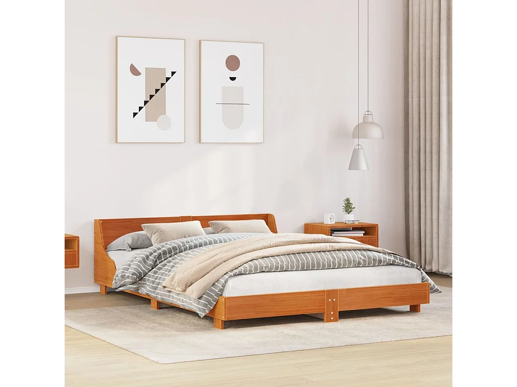 Cadre de lit sans matelas cire marron 135x190cm bois pin massif