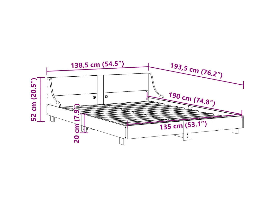 Cadre de lit sans matelas cire marron 135x190cm bois pin massif