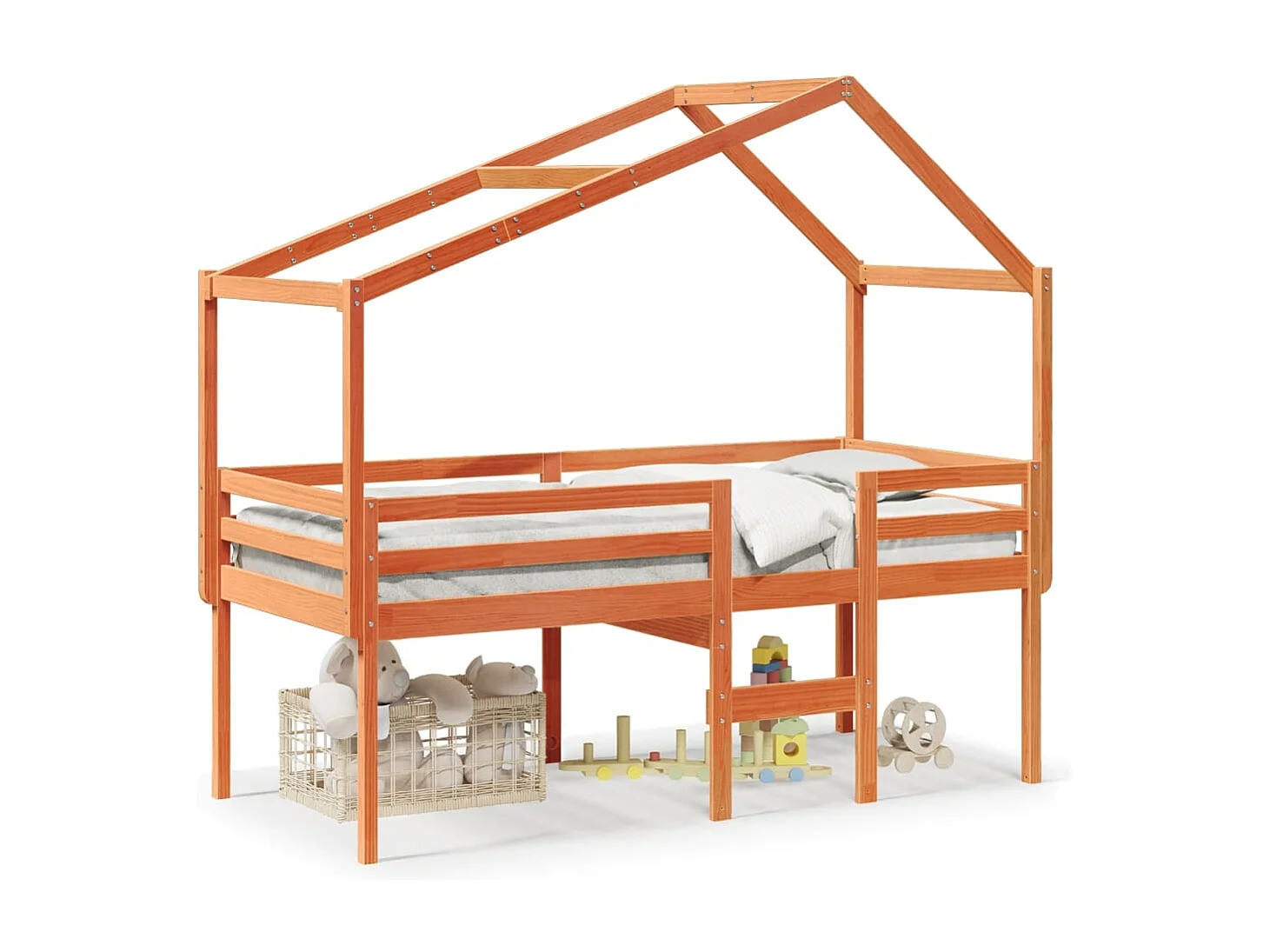 Hochbett mit Dach Wachsbraun 75x190 cm Massivholz Kiefer