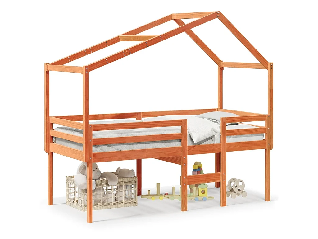 Letto a Soppalco con Tetto Cera 75x190cm Legno Massello di Pino