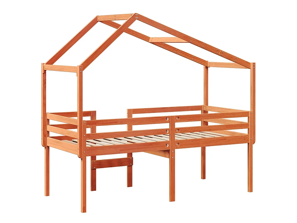 Letto a Soppalco con Tetto Cera 75x190cm Legno Massello di Pino