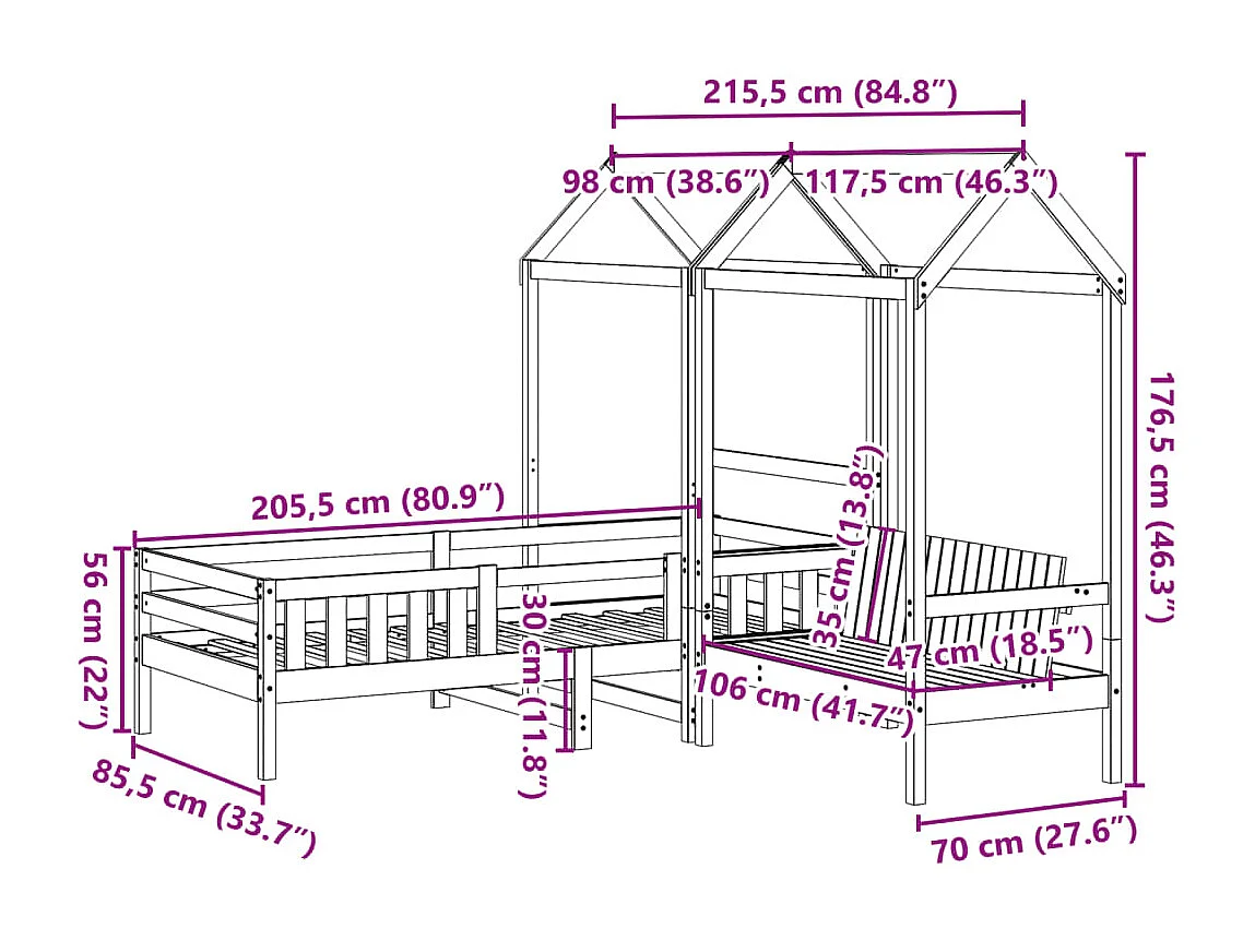 Kinderbed met huisje en bankje massief grenenhout wit 80x200 cm