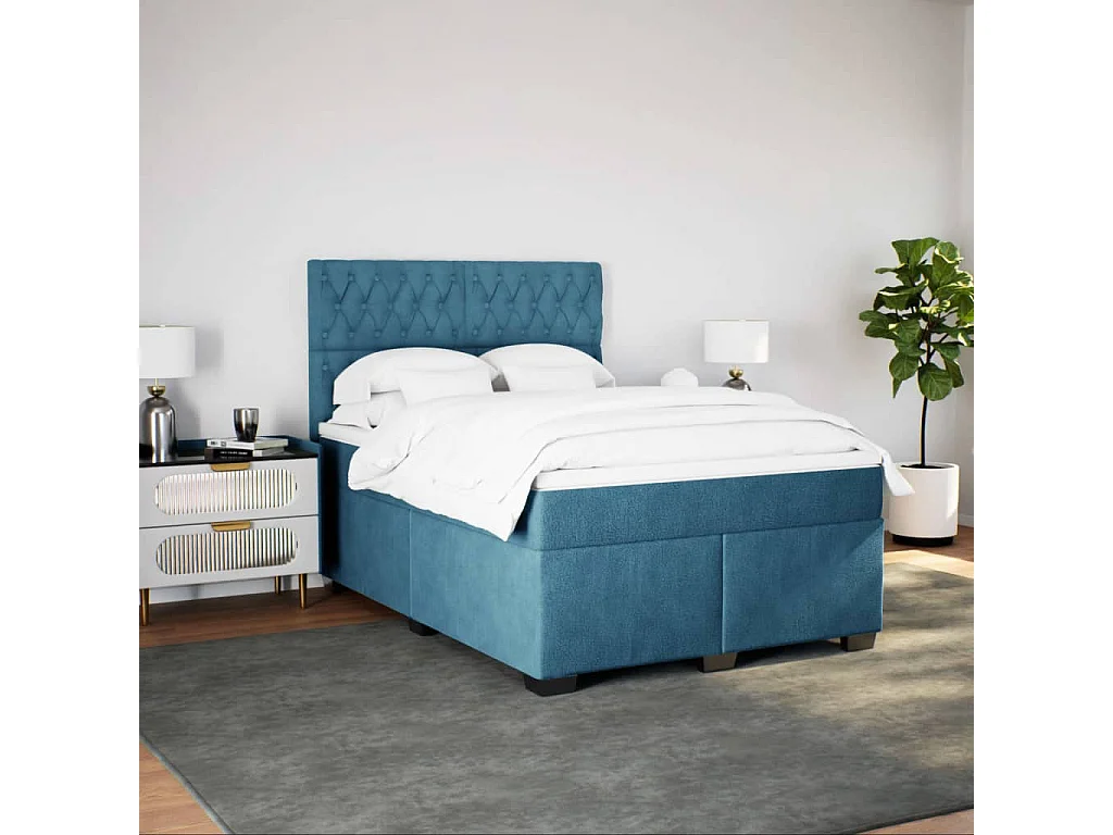 Cama box spring con colchón terciopelo azul 140x190 cm