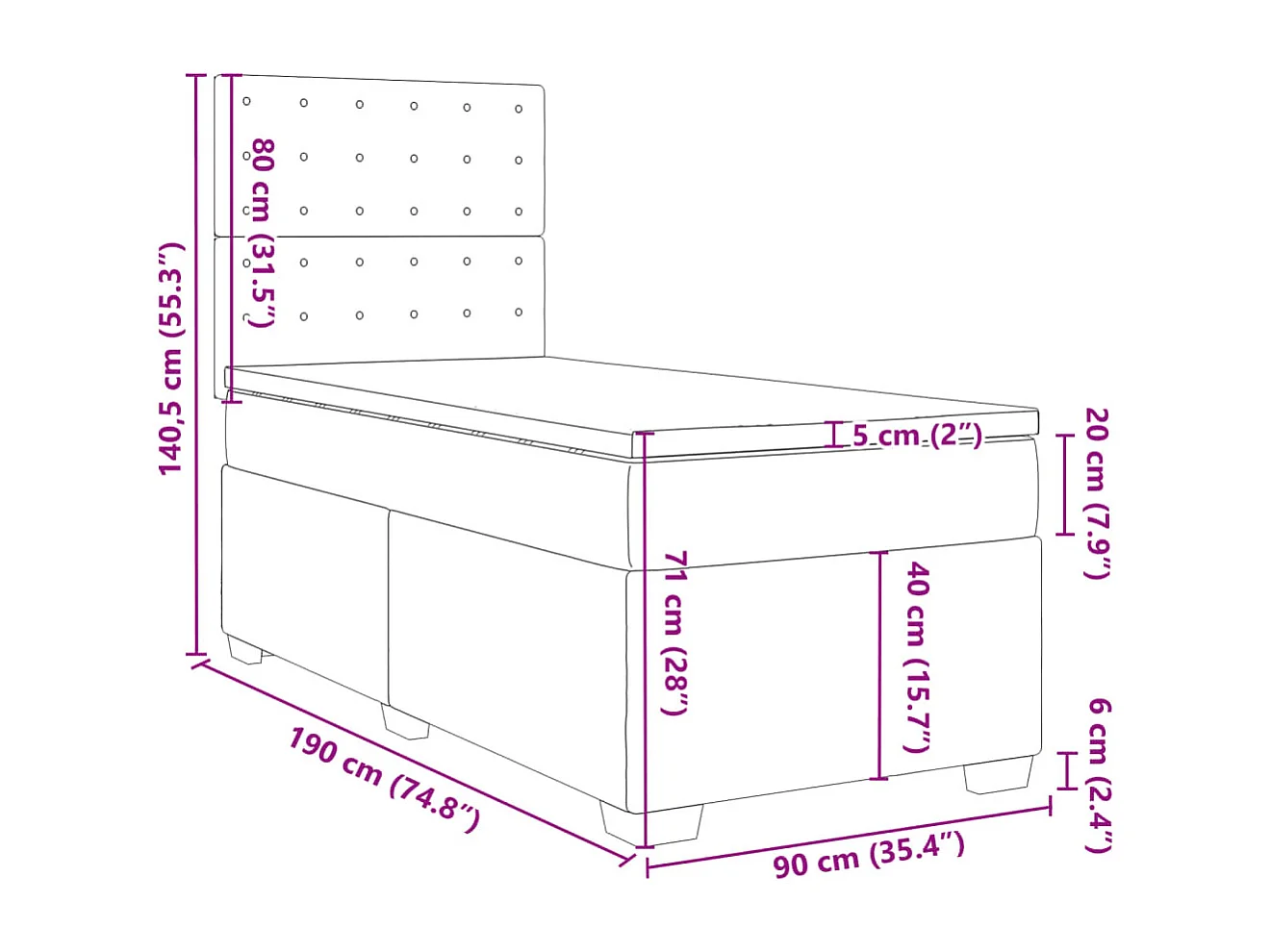 Cama box spring con colchón tela gris oscuro 90x190 cm