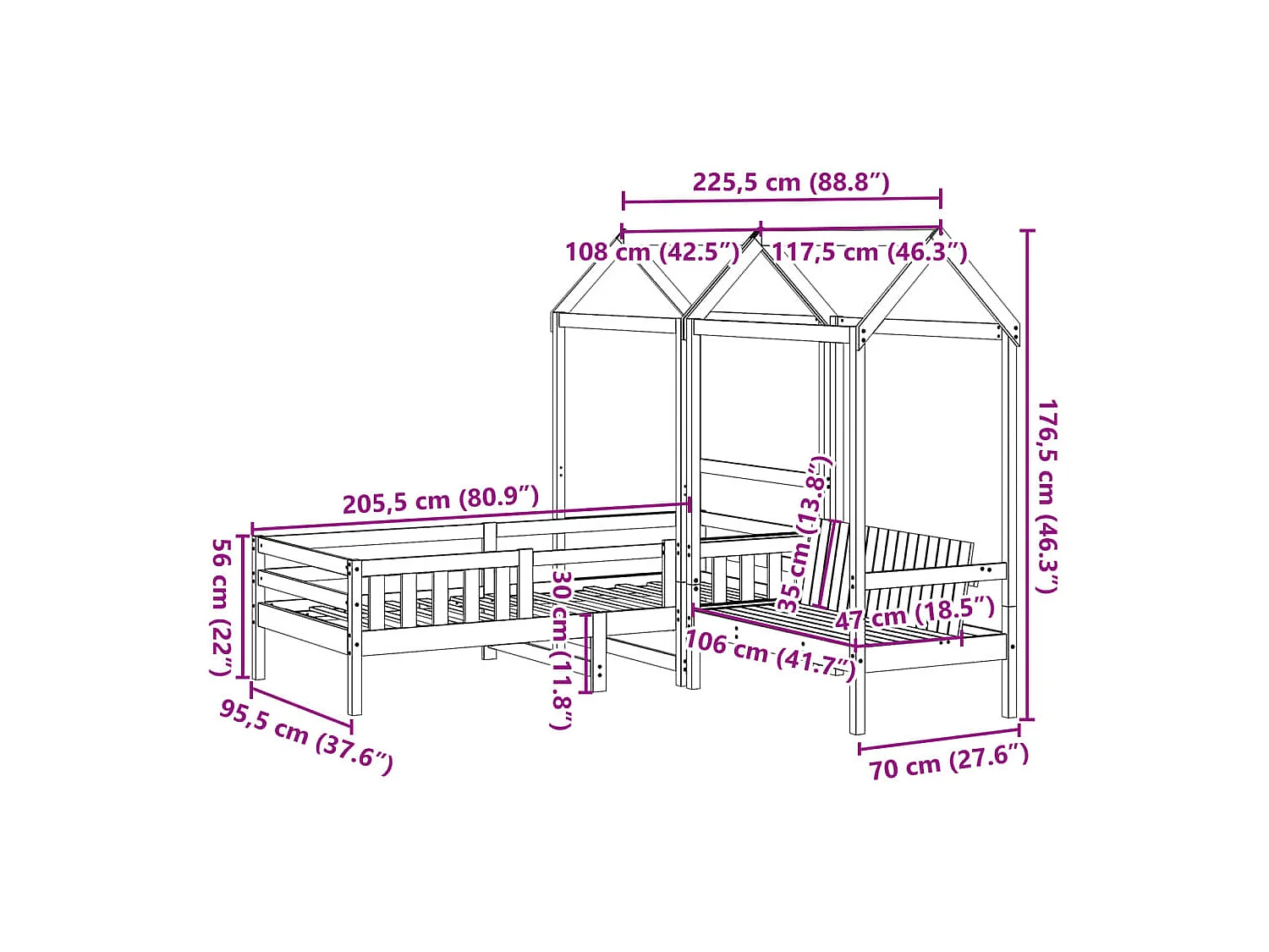 Set de cama y banco con techo madera maciza de pino 90x200 cm