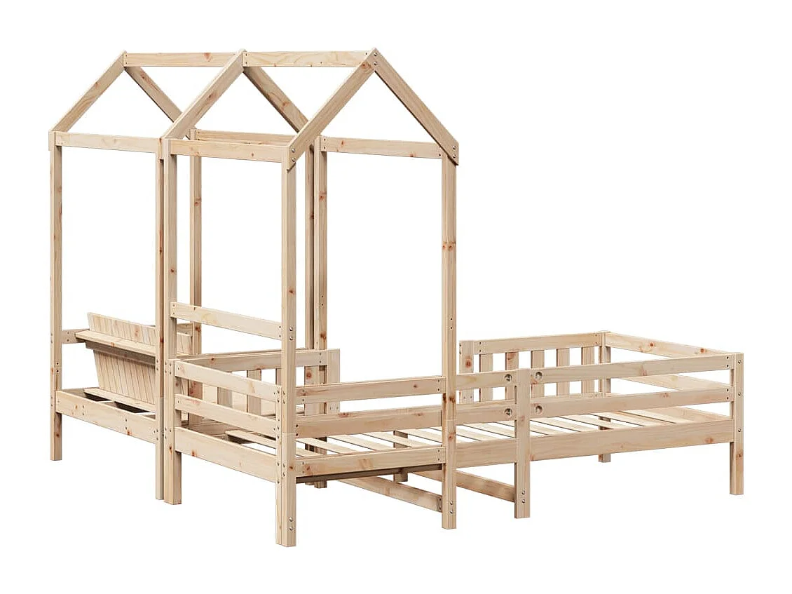 Set de cama y banco con techo madera maciza de pino 90x200 cm