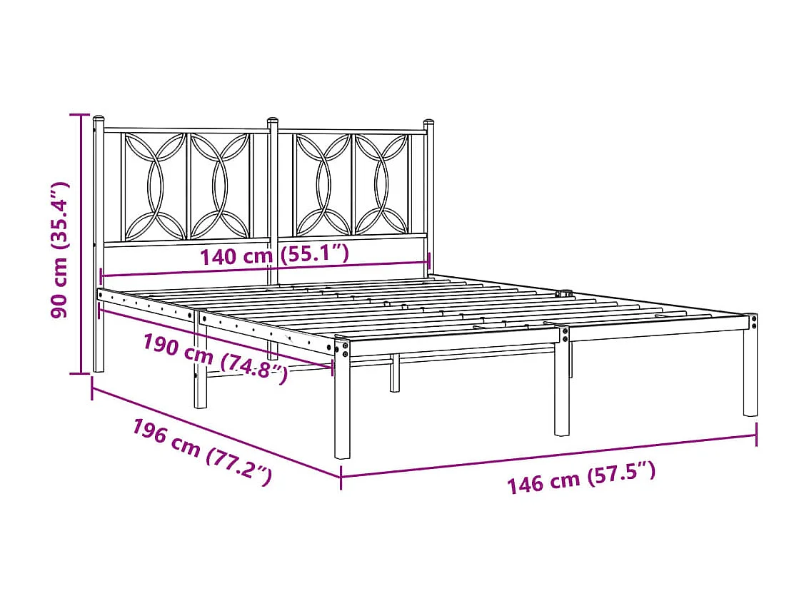 Bedframe met hoofdbord metaal zwart 140x190 cm