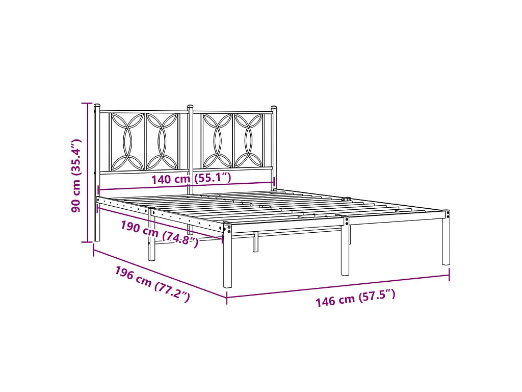 Cadre de lit métal sans matelas avec tête de lit noir 140x190cm