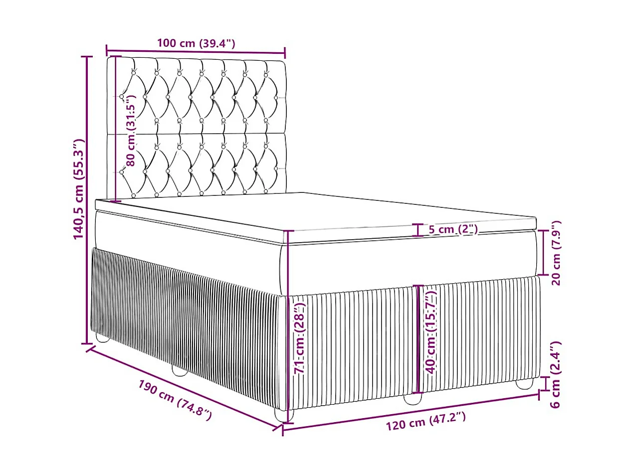 Cama box spring con colchón terciopelo gris oscuro 120x190 cm