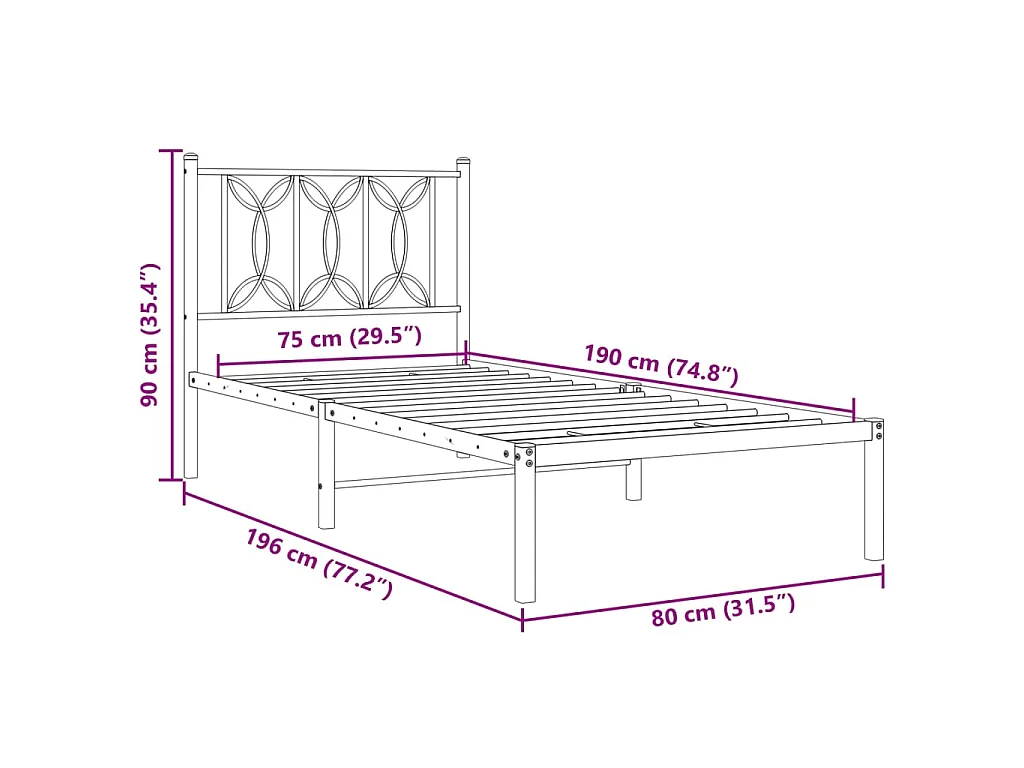 Cadre de lit métal sans matelas avec tête de lit blanc 75x190cm