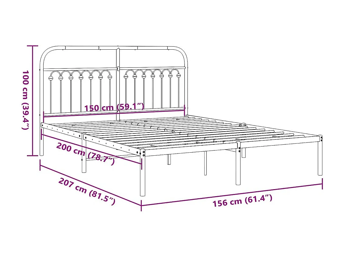 Cadre de lit métal sans matelas avec tête de lit noir 150x200cm