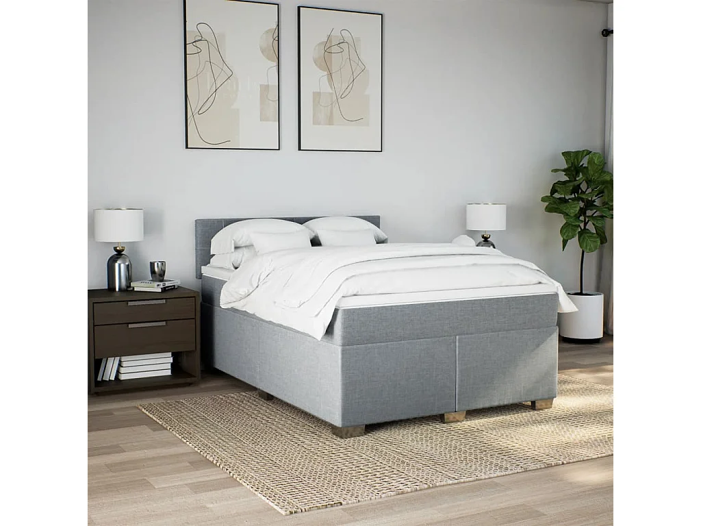 Cama box spring con colchón tela gris claro 160x200 cm