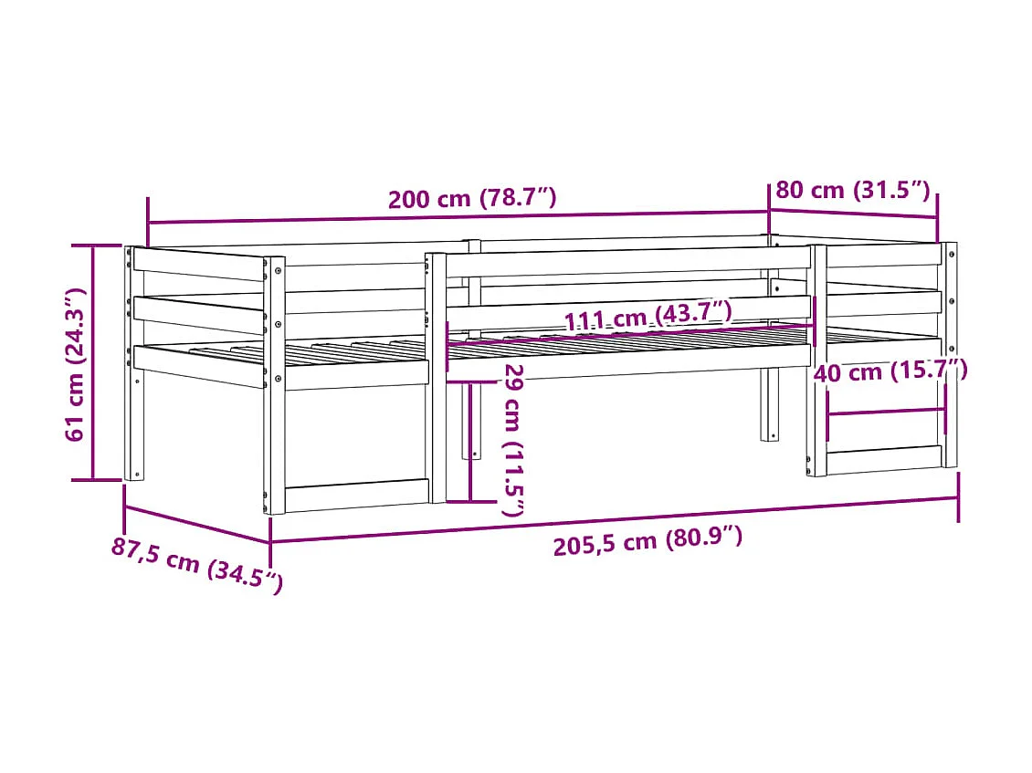 Giroletto per Bambini 80x200 cm in Legno Massello di Pino