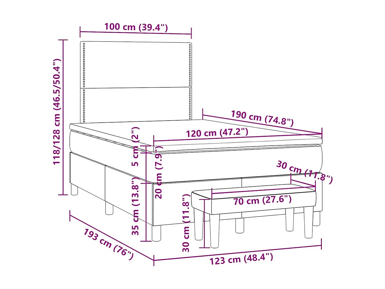 Cama boxspring com colchão 120x190 cm tecido cor creme