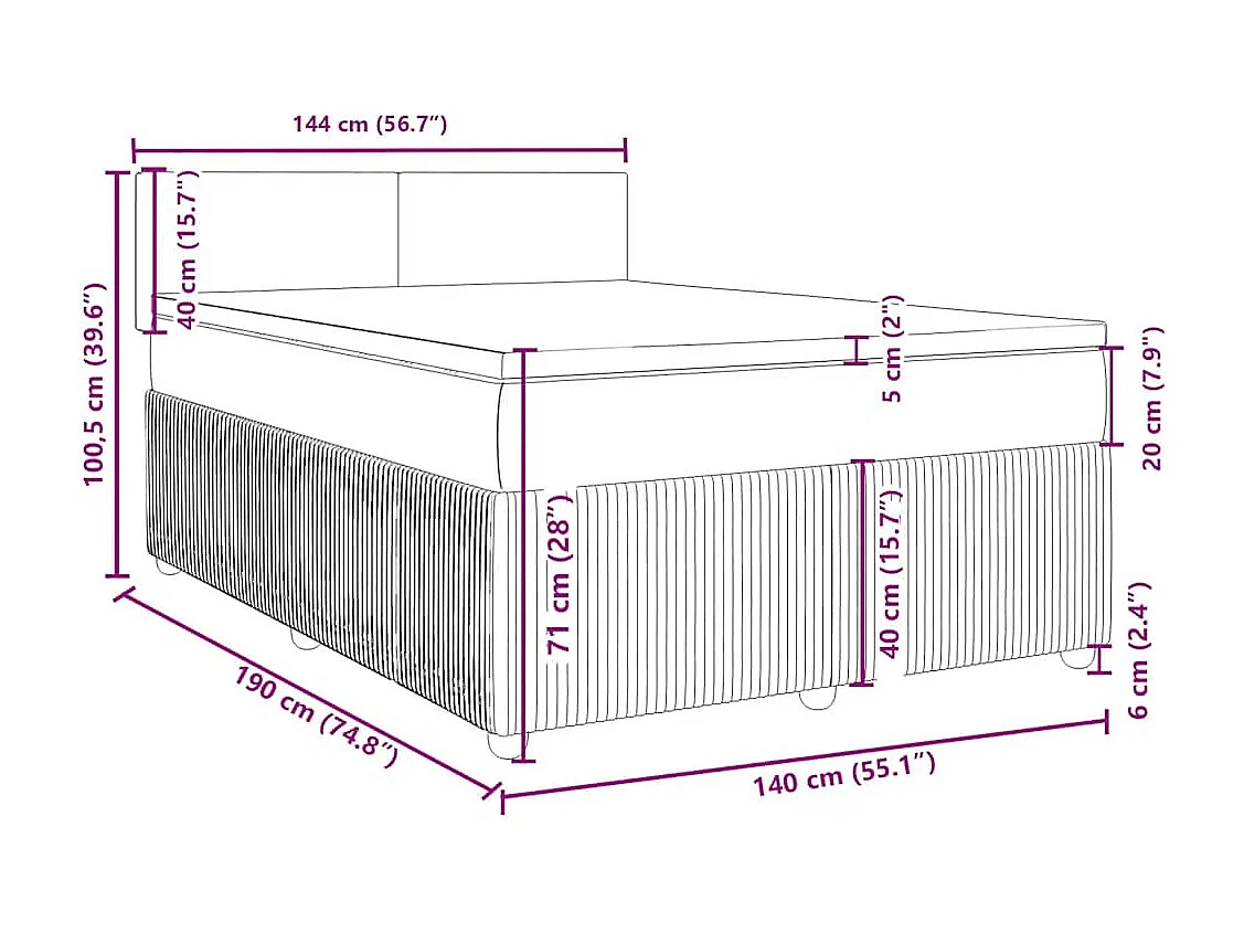 Cama box spring con colchón terciopelo gris oscuro 140x190 cm