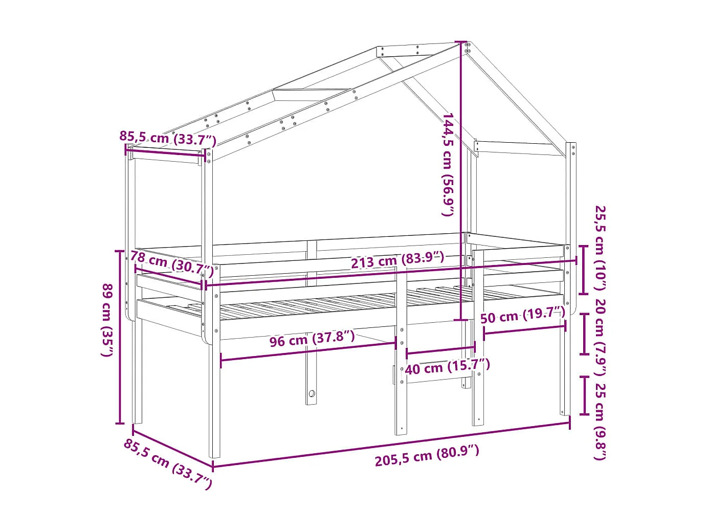 Lit haut sans matelas 80x200 cm bois de pin massif