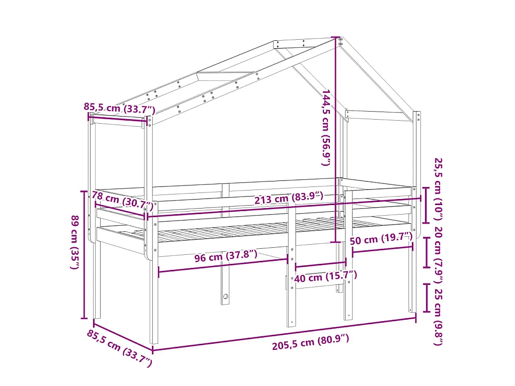 Hoogslaper met bedhuis massief grenenhout 80x200 cm