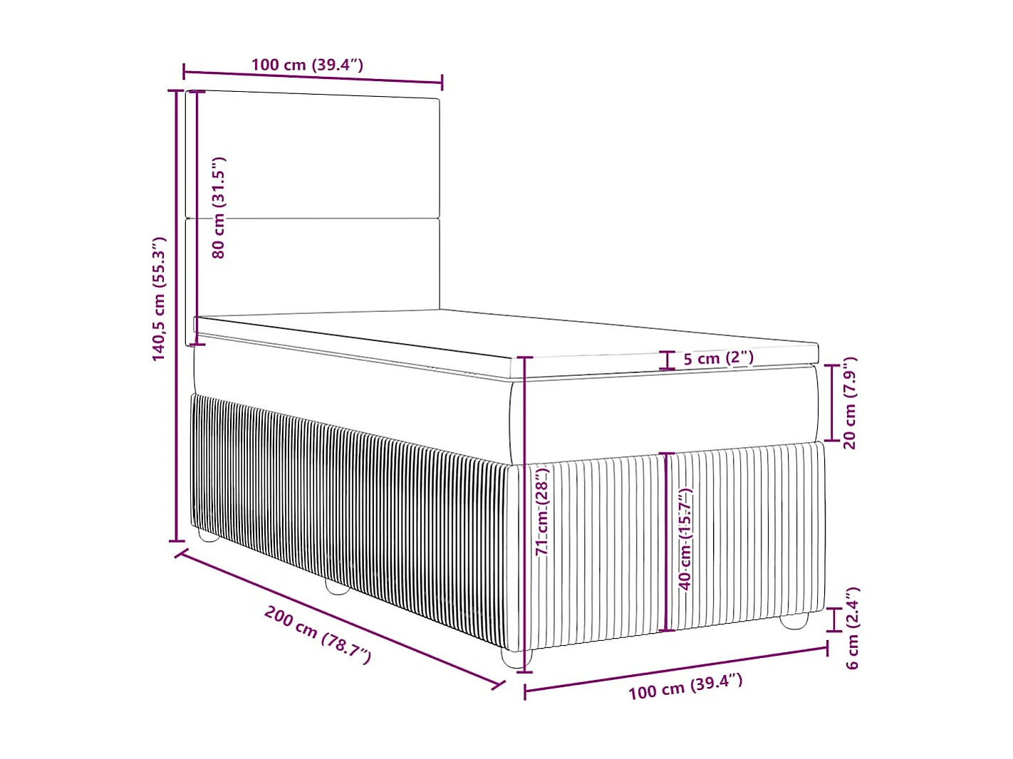 Cama box spring con colchón terciopelo gris oscuro 100x200 cm