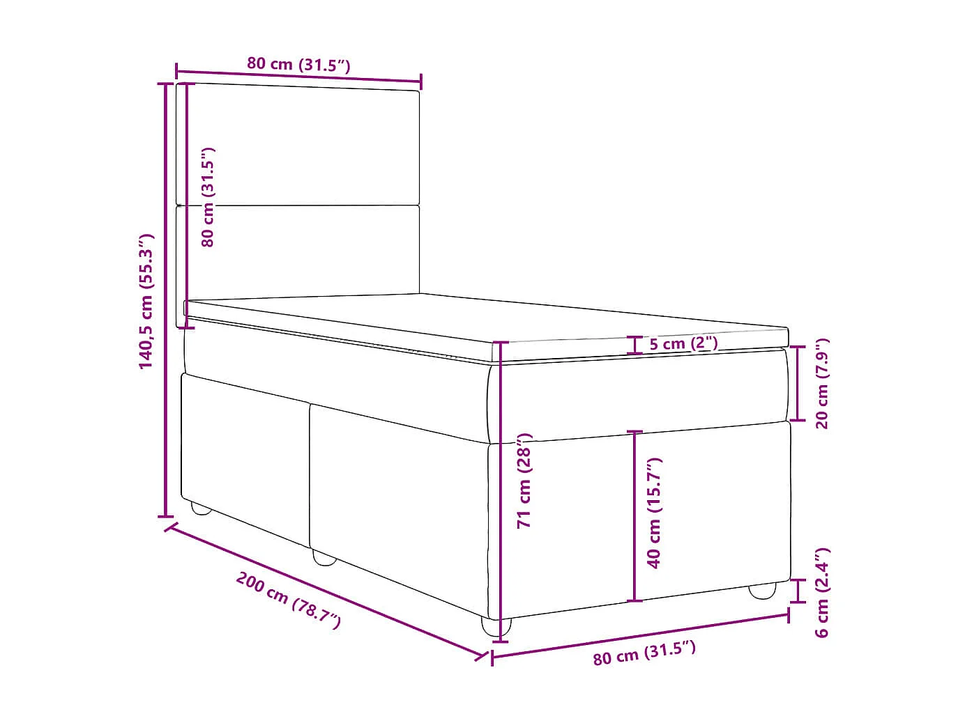 Cama box spring con colchón tela gris claro 80x200 cm