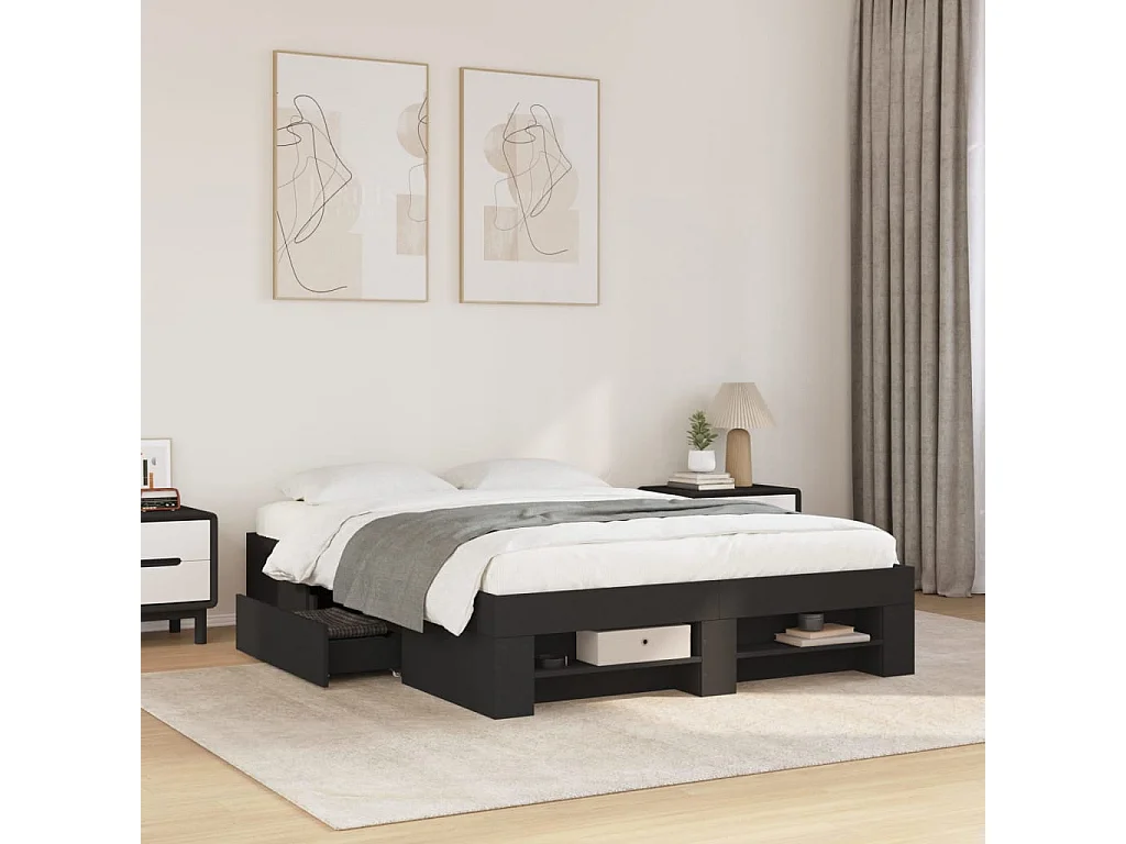 Bedframe bewerkt hout zwart 135x190 cm