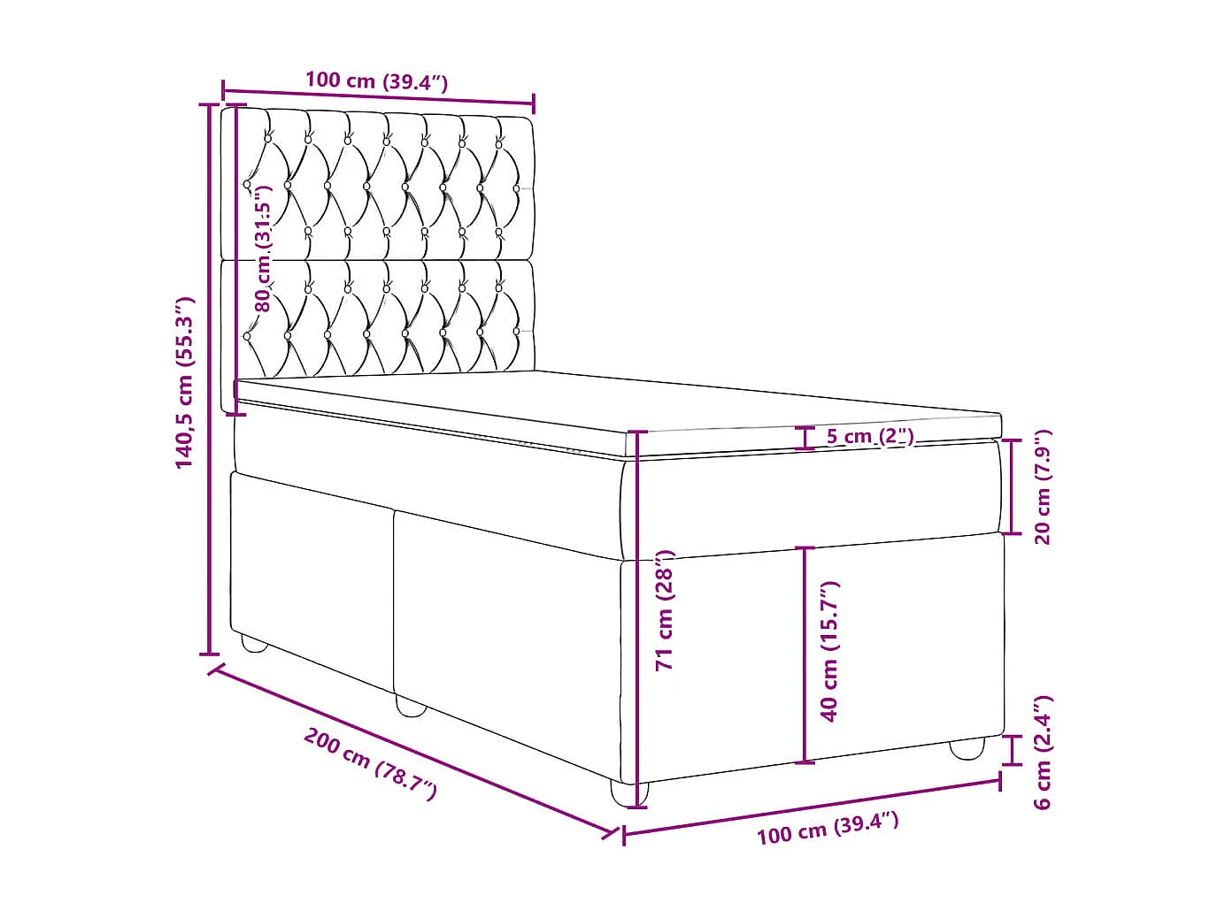 Sommier à lattes de lit avec matelas Gris foncé 100x200cm Tissu