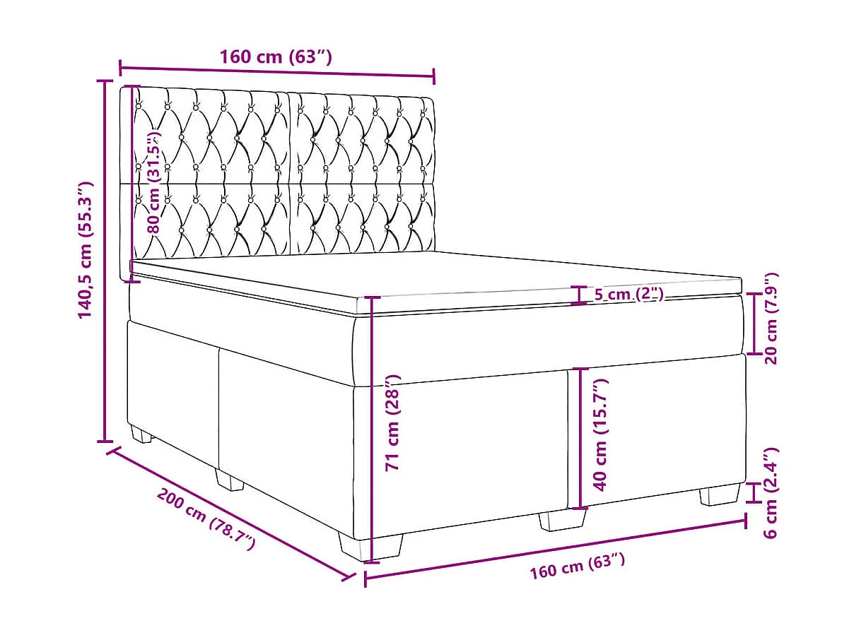 Cama box spring con colchón tela gris claro 160x200 cm