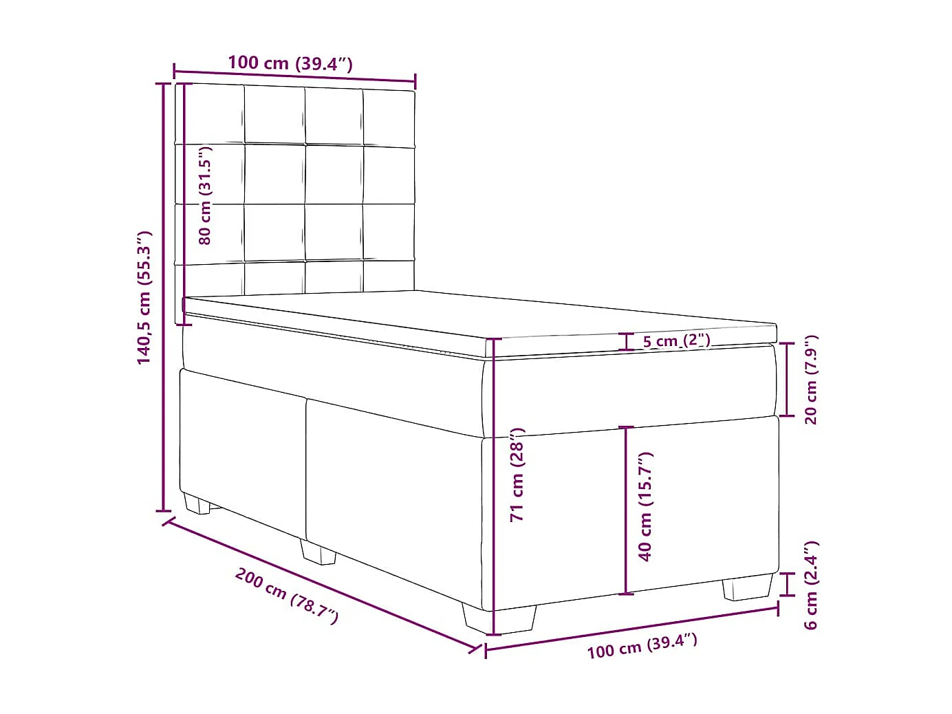 Cama box spring con colchón terciopelo rosa 100x200 cm