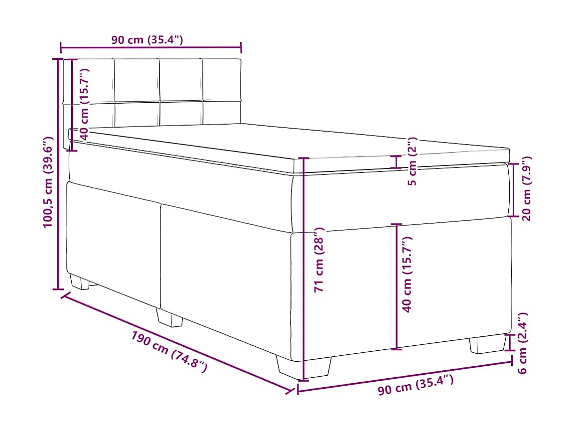 Cama box spring con colchón terciopelo azul oscuro 90x190 cm