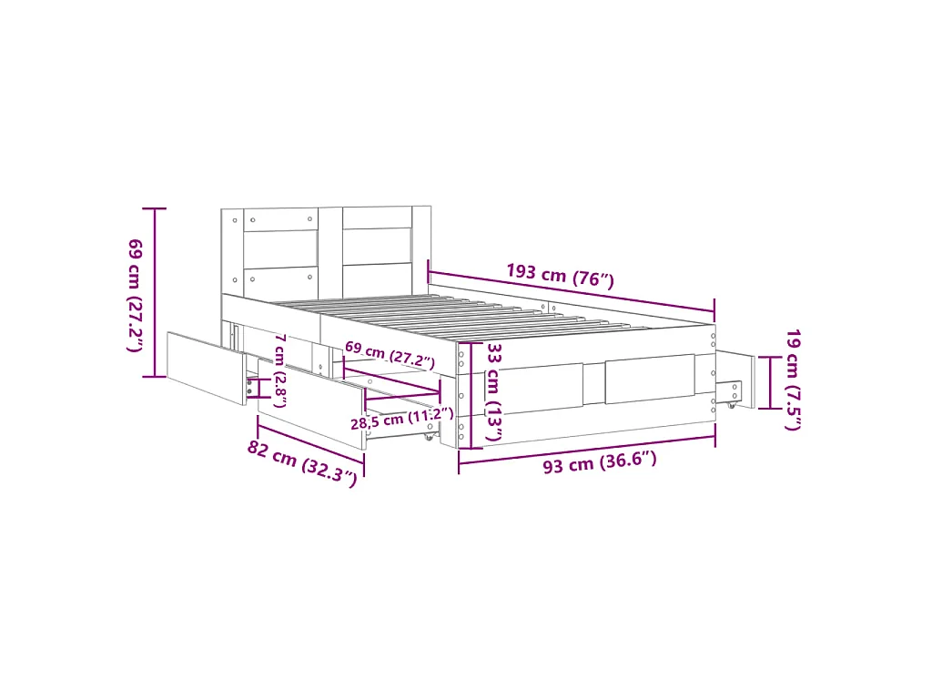 Cadre de lit et tête de lit sans matelas chêne sonoma 90x190 cm