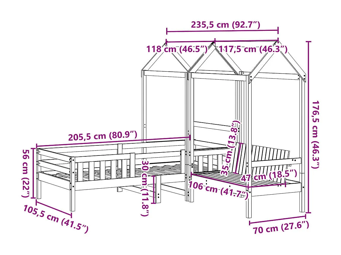 Kinderbed met huisje en bankje massief grenenhout 100x200 cm