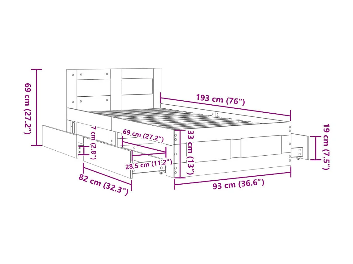 Cadre de lit et tête de lit sans matelas sonoma gris 90x190 cm